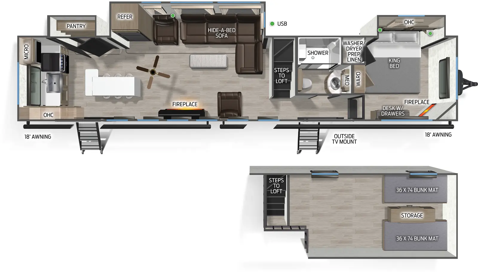 The Timberwolf 39AL floorplan has two entries and three slide outs. Exterior features include: metal exterior and 18' & 18' awning. Interiors features include: loft, rear kitchen, kitchen island and front bedroom.